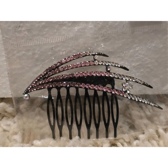 Black Hair Comb With Pink & Clear Rhinestones Decorative Design - Picture 2 of 4